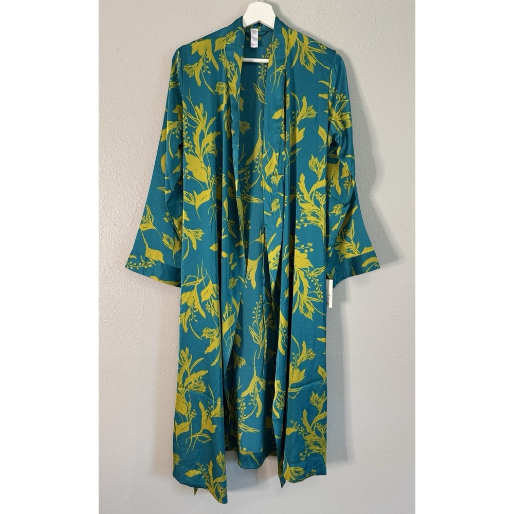 Botanical Long Robe Teal Lime Satin NWT Stars Above Silky Pocket Kimono XS/S